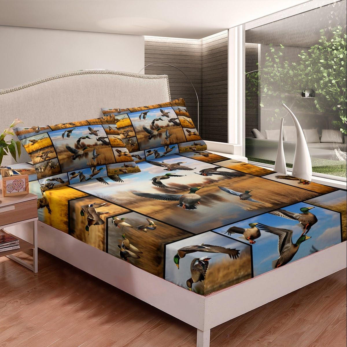 Duck Hunting Sheet Set for Teens Youth,Mallard Duck Bed Sheets Full Size,Nature Landscape Bedding Set,Woodland Farmhouse Animal Patchwork Fitted Sheet + Flat Sheet + 2 Pillow Shams Wrinkle Free