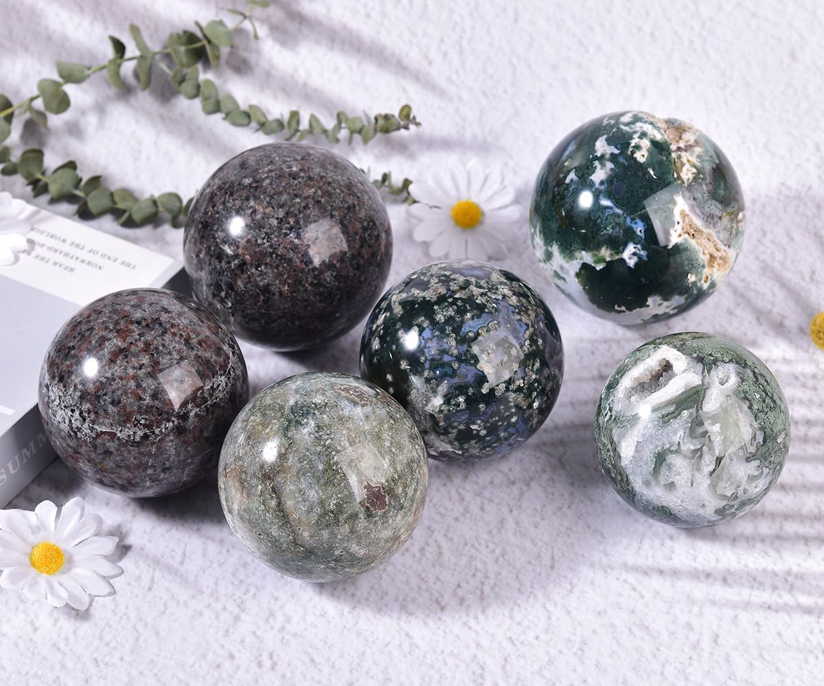 MOGEMT Large Moss Agate Crystal Sphere Natural Healing Crystal Ball with Stand Meditation Decorative Balls Home Decor 90-100mm/3.5-3.9"
