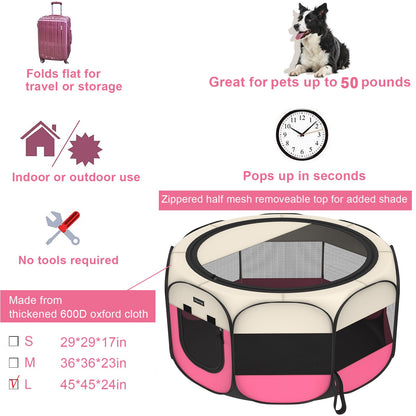 Portable Pet Playpen, 8-Panel Indoor/Outdoor Puppy Pen with Shade Cover & Travel Bag - Waterproof Dog Cat Tent Includes Collapsible Bowl