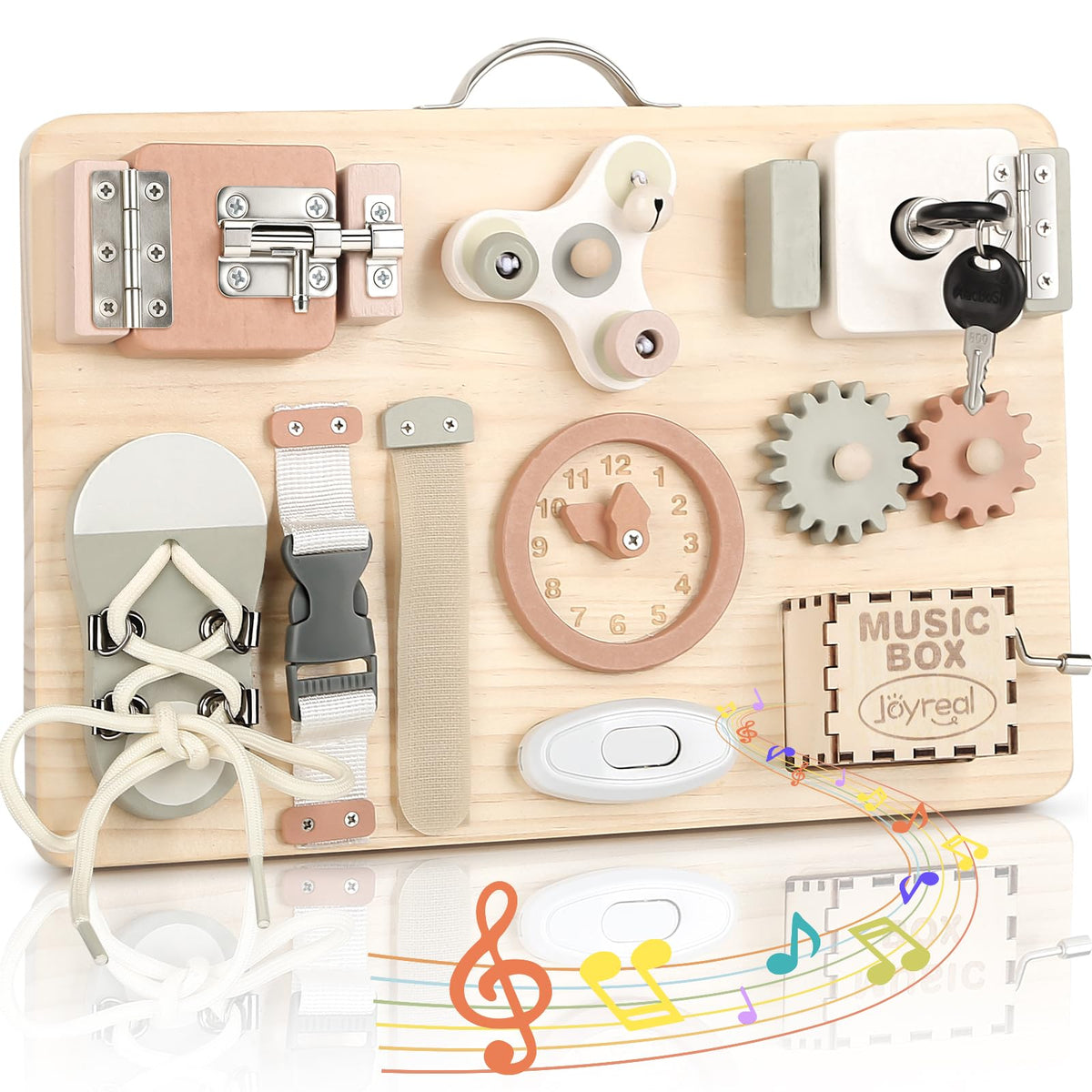 Joyreal Wooden Busy Board for Toddlers, Montessori Toys for 1 2 3 Year Old, Sensory Activity Board with Music Box & 12 Motor Skill Activities, Educational Travel Toys Gift for Boys Girls