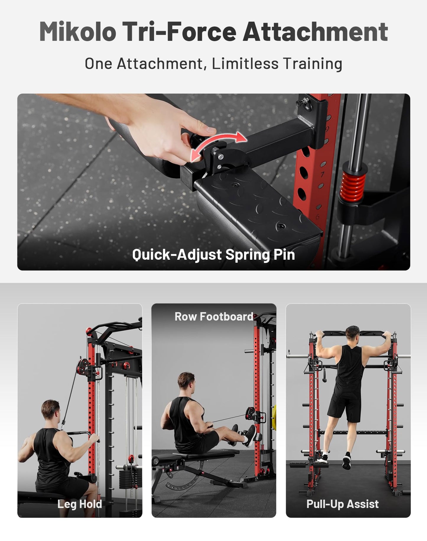 Mikolo Smith Machine with Weight Stack, 2200lbs Squat Rack with LAT-Pull Down System & Cable Crossover Machine, Multi-Function Power Cage, Red