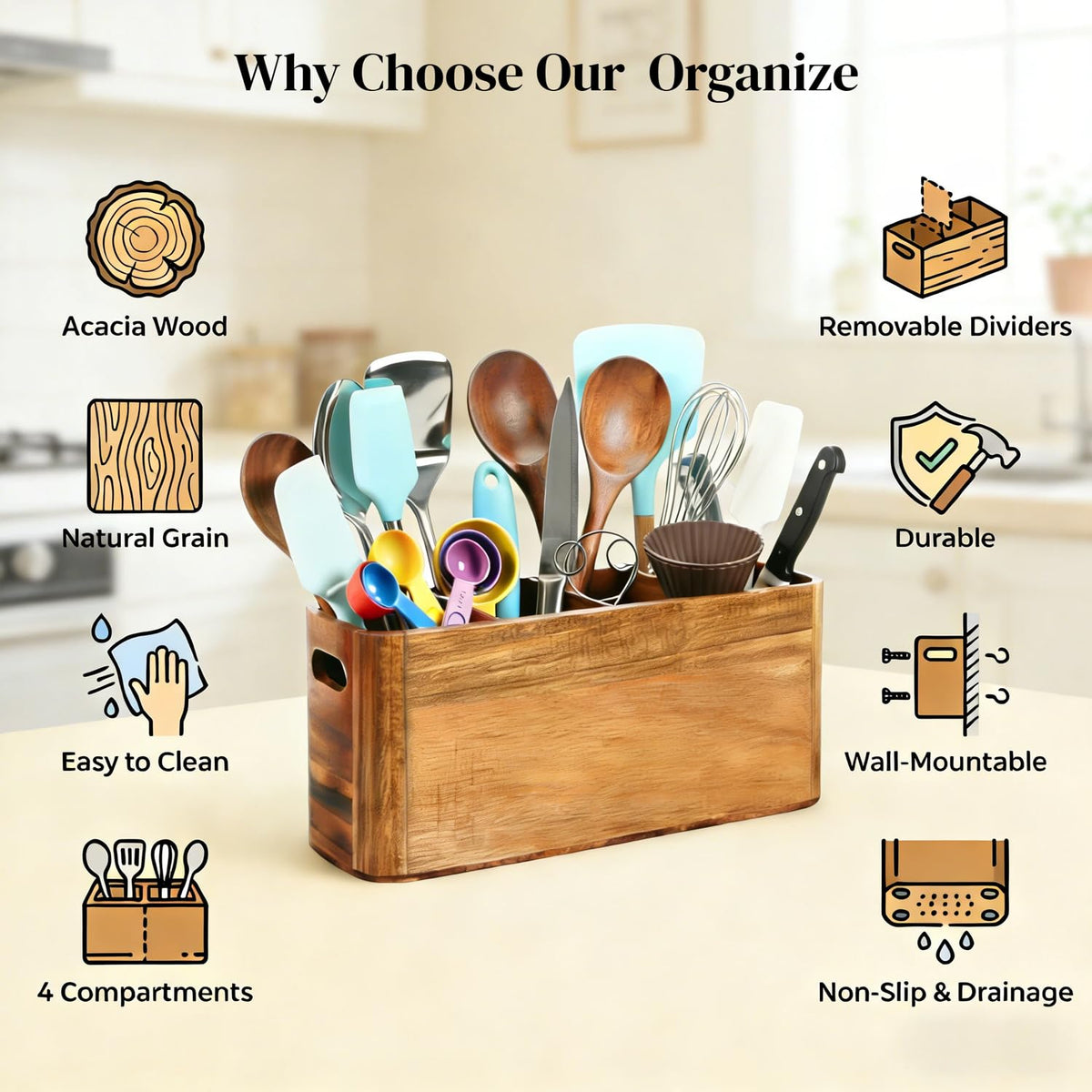 ZKMLMHJ Large Wooden Utensil Holder for Kitchen Countertop - 4 Compartment Acacia Wood Organizer & Utensil Caddy for Cooking Tools, Wall Mountable