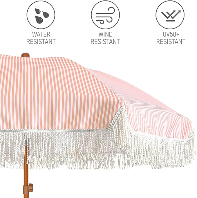 AMMSUN 7ft Patio Umbrella with Fringe Outdoor Tassel Umbrella UPF50+ Premium Steel Pole and Ribs Push Button Tilt, Pink Stripe