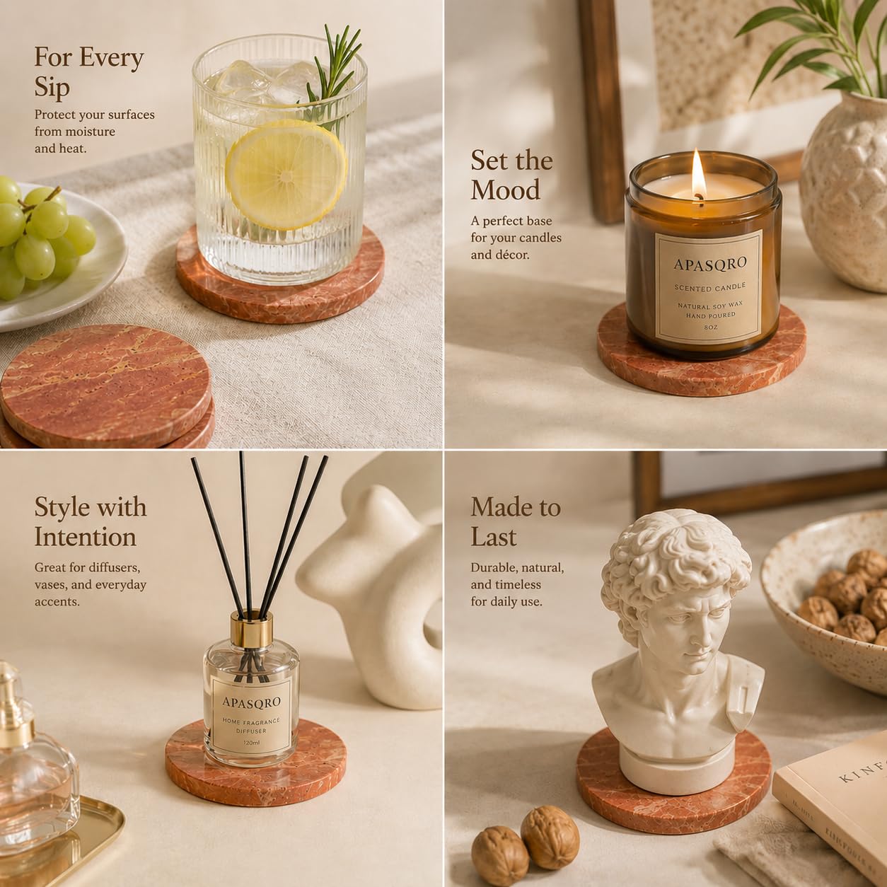 Natural Travertine Coasters Set of 4 – Absorbent Stone Drink Coasters with Cork Backing, 4” Round Neutral Coffee Table Décor for Organic Modern Home Aesthetic