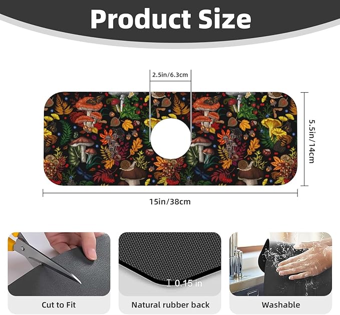 Mushroom Forest Butterfly Kitchen Sink Splash Guard Faucet Mat 1 Pcs, Absorbent
