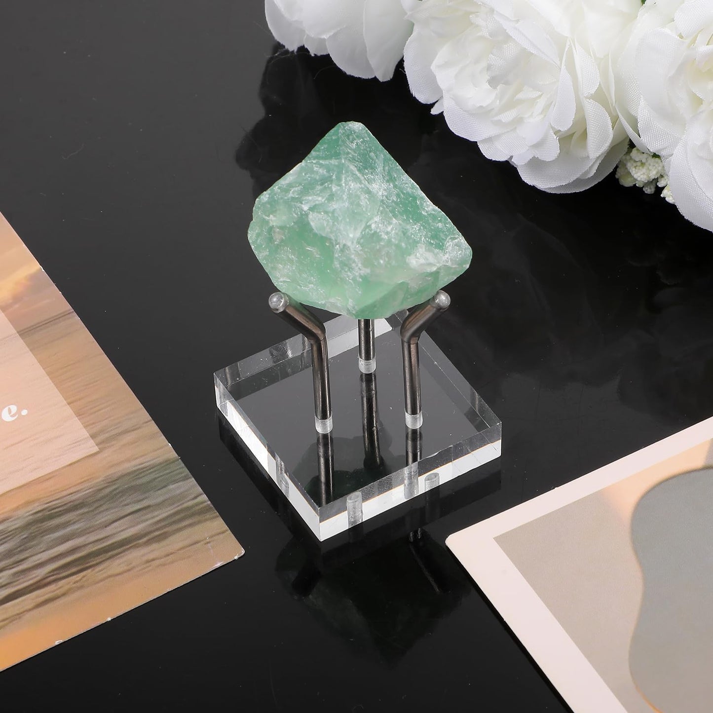 XLIUAX 12 Pcs Rock Display Stands, Stainless Steel 3 Pegs Clear Acrylic Base Display Mini Easel Stand for Fossil Coral Crystal Geodes Mineral Agate Small Collectibles