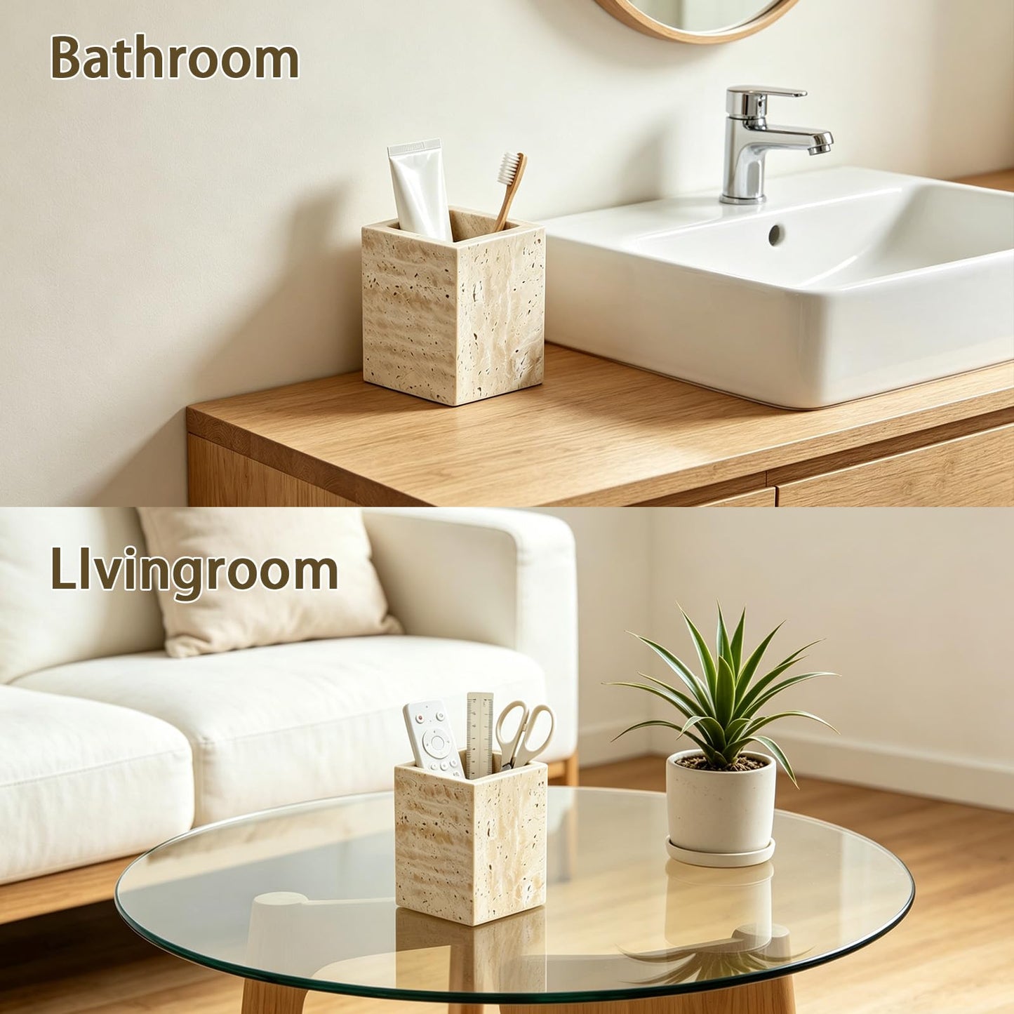 Voodefy Travertine Toothbrush Holder: Travertine Pen Holder - Marble Brush Holder - Marble Organizer for Vanity - Candle Organizer - Utensil Holder for Bathroom,Office and Home