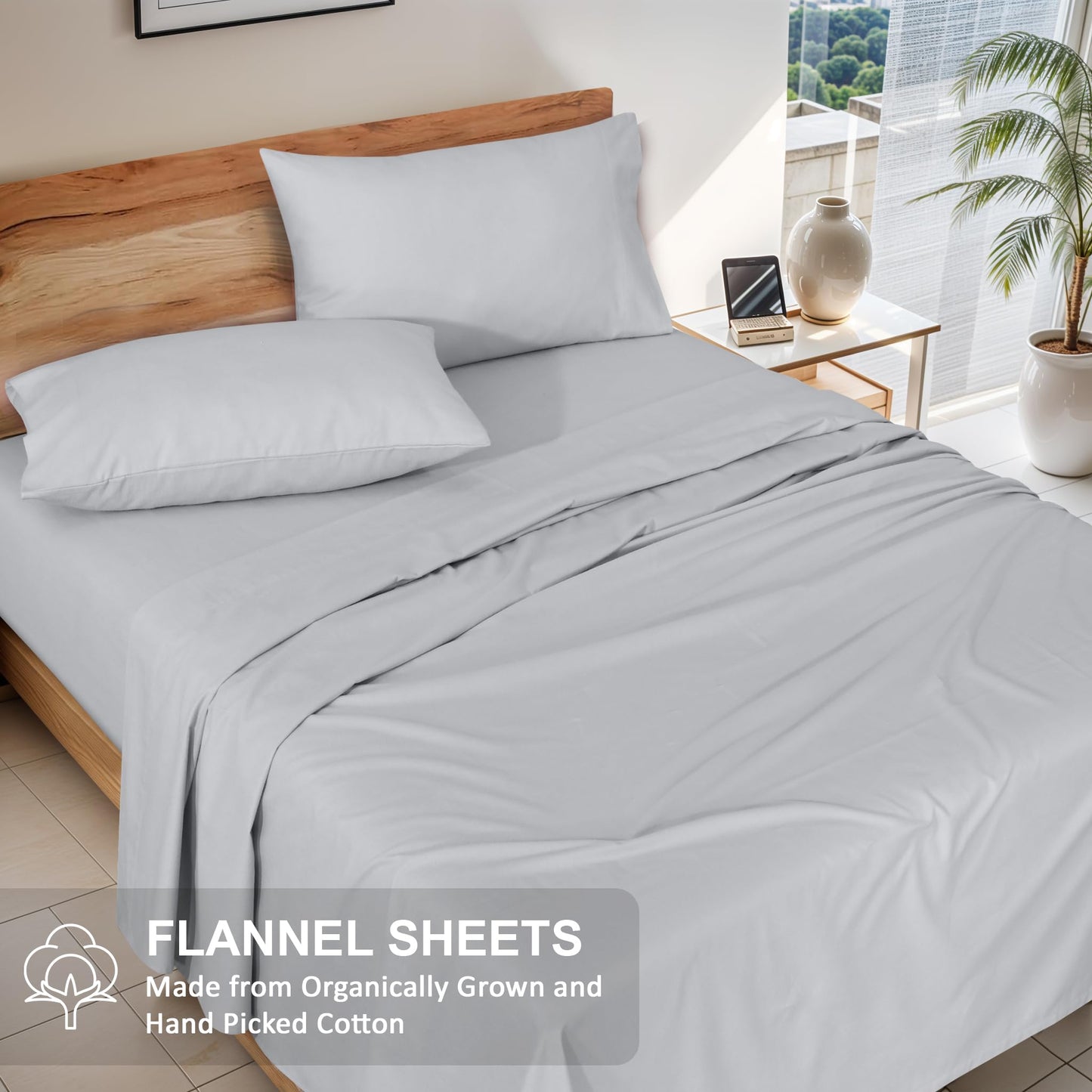 RUVANTI Flannel Sheets Queen Size - GOTS Certified 100% Organic Cotton, 4 Piece Warm, Soft & Breathable Set, Deep Pocket Snug Fit, Double Brushed Cozy All Season Bedding, Light Grey