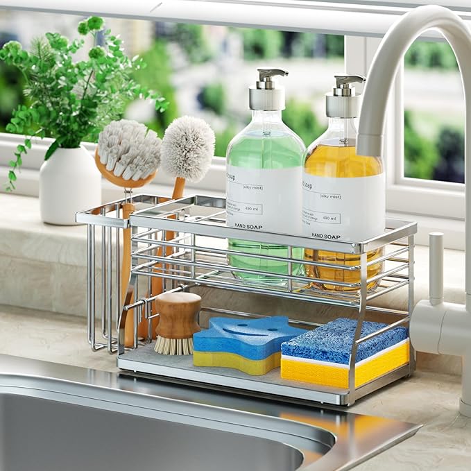 SWTYMIKI Kitchen Sink Caddy Organizer, 2 Tier Sponge Holder