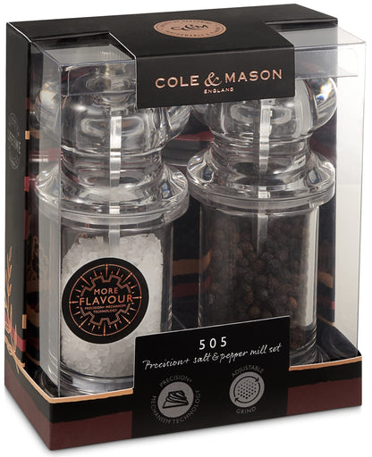 Cole & Mason 505 Clear Salt and Pepper Mills, Adjustable Grind Precision+ Mechanism, Acrylic, 140 mm, Gift Set, Includes 2 x Salt and Pepper Grinders