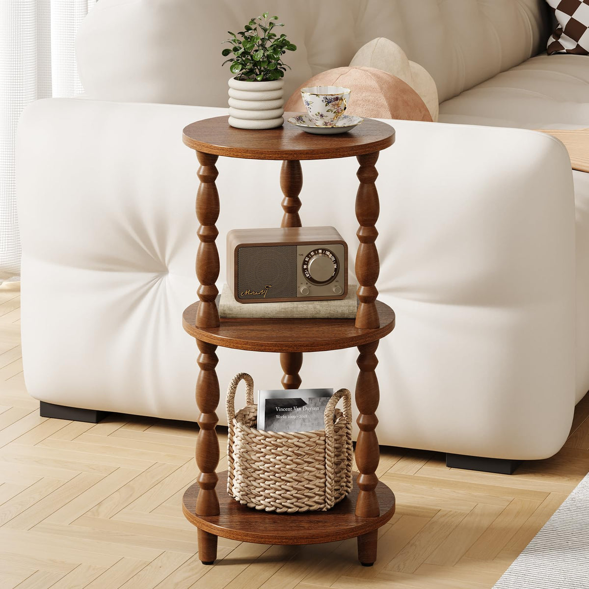 Yoobure Small Round Side Table - 3-Tier End Table with Storage Shelf, Narrow Bedside Table Nightstand for Bedroom, Accent End Tables Living Room, Wood Side Tables for Small Spaces, Office, Walnut