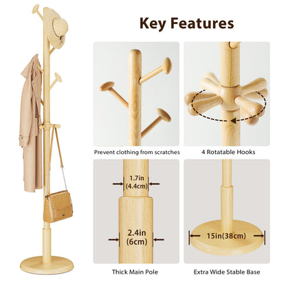 Taitiy Solid Wood Coat Rack Freestanding Coat Tree with 10 Hooks for Bedroom, Livingroom, Entryway, Sturdy Coat Hanger Stand for Hats, Coats, Scarves, Handbags, Purses