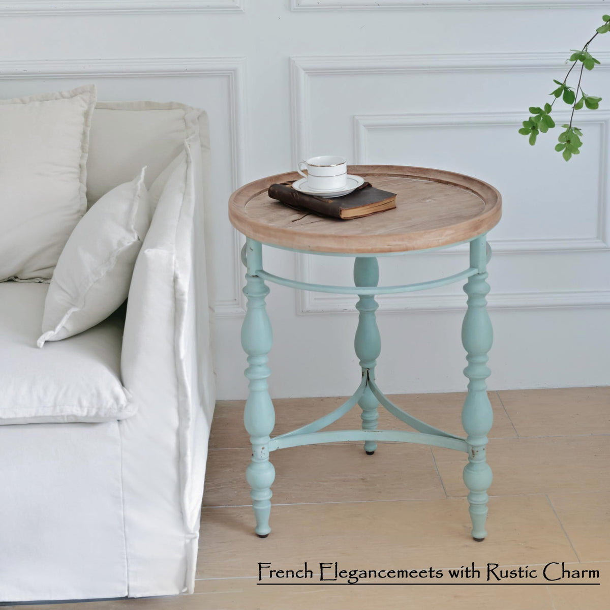 TIMBERMAVEN Rustic Farmhouse Round End Table, French Country Vintage Side Table,φ20.1'' x 23.6''H Rustic Solid Wood with Vintage Iron Legs, for Living Room, Bedroom, Small Spaces,Nature White