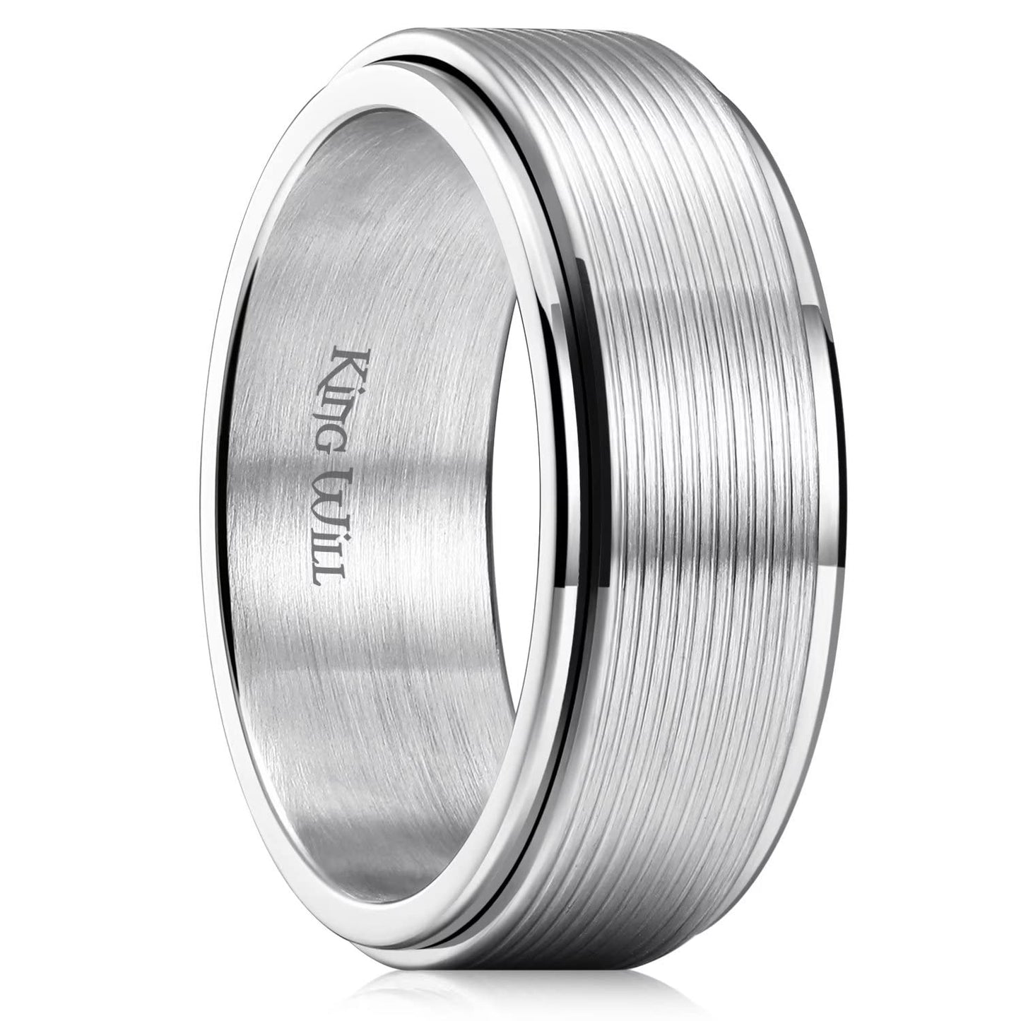 King Will Mens Silver 8mm Groove Spinner Rings Stainless Steel Anxiety Fidget Ring for Women Men Polish Thin Line Groove Wedding Band Fidget Ring Matte Brushed Comfort Fit 9