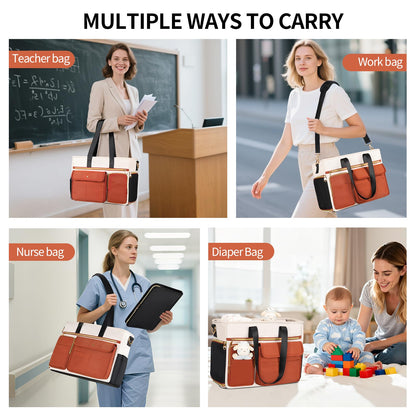 ESTARER Teacher Tote Bag for Women 2Pcs,15.6'' Laptop Work Bag Computer Bag w/File Folder & Insulated Pocket, Large Water-resistant Messenger Shoulder Bag for Office/Travel/College,Black-Beige-Brown