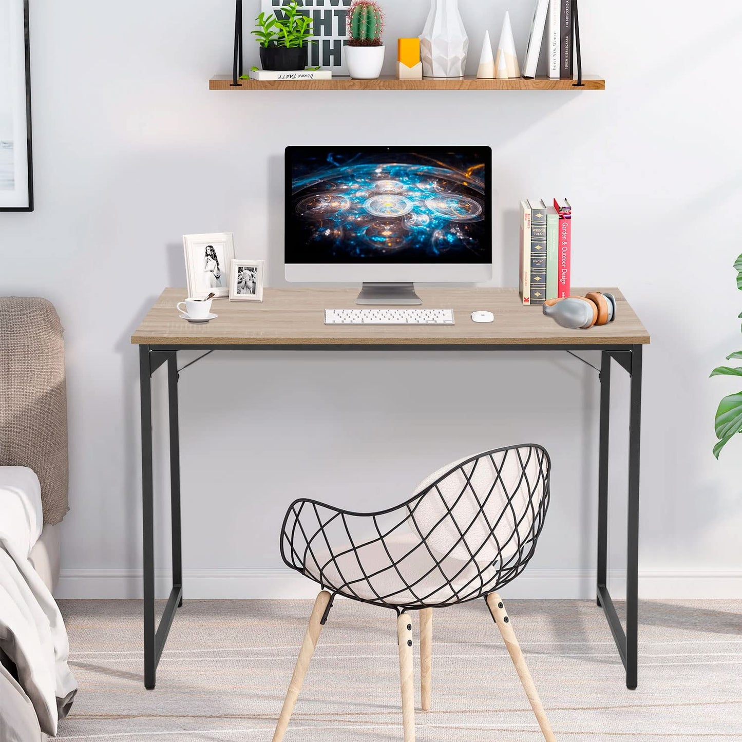 PayLessHere | 39 Inch Computer Desk | Nature | Office Desk with Metal Frame, Adjustable Feet | Water-Resistant, Scratchproof Surface | Sturdy Writing Table for Home Office or Study | Pack of 1