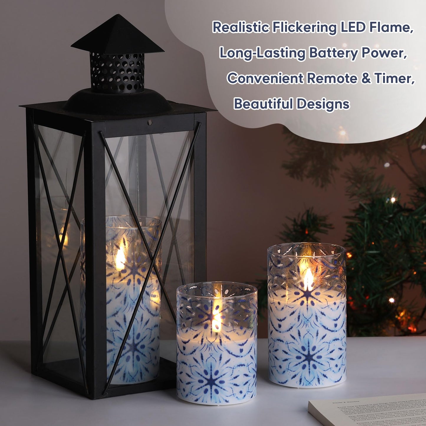 Eywamage Blue Snowflakes Glass Flameless Candles with Remote, Christmas LED Pillar Candles Battery Operated Flickering Set of 3