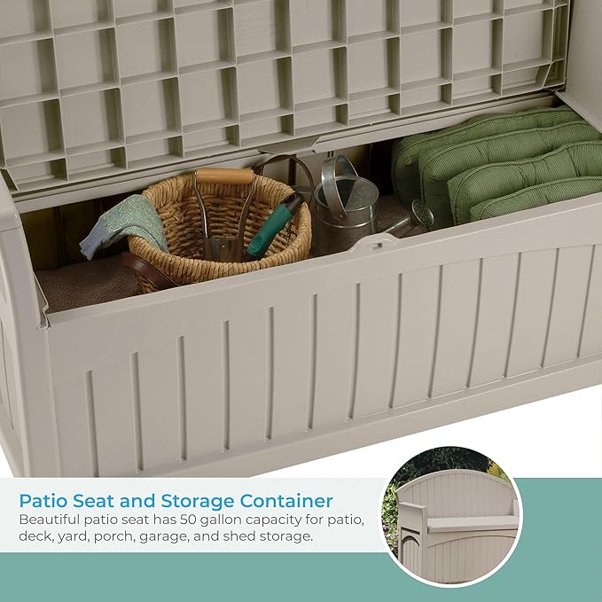 Suncast Outdoor Storage Bench - 50 Gallon Taupe Resin Outdoor Bench with Storage for Cushions, Tools & More. All-Weather Patio Deck Box with Seat for Porch, Pool, Yard, & Garden, Made in USA