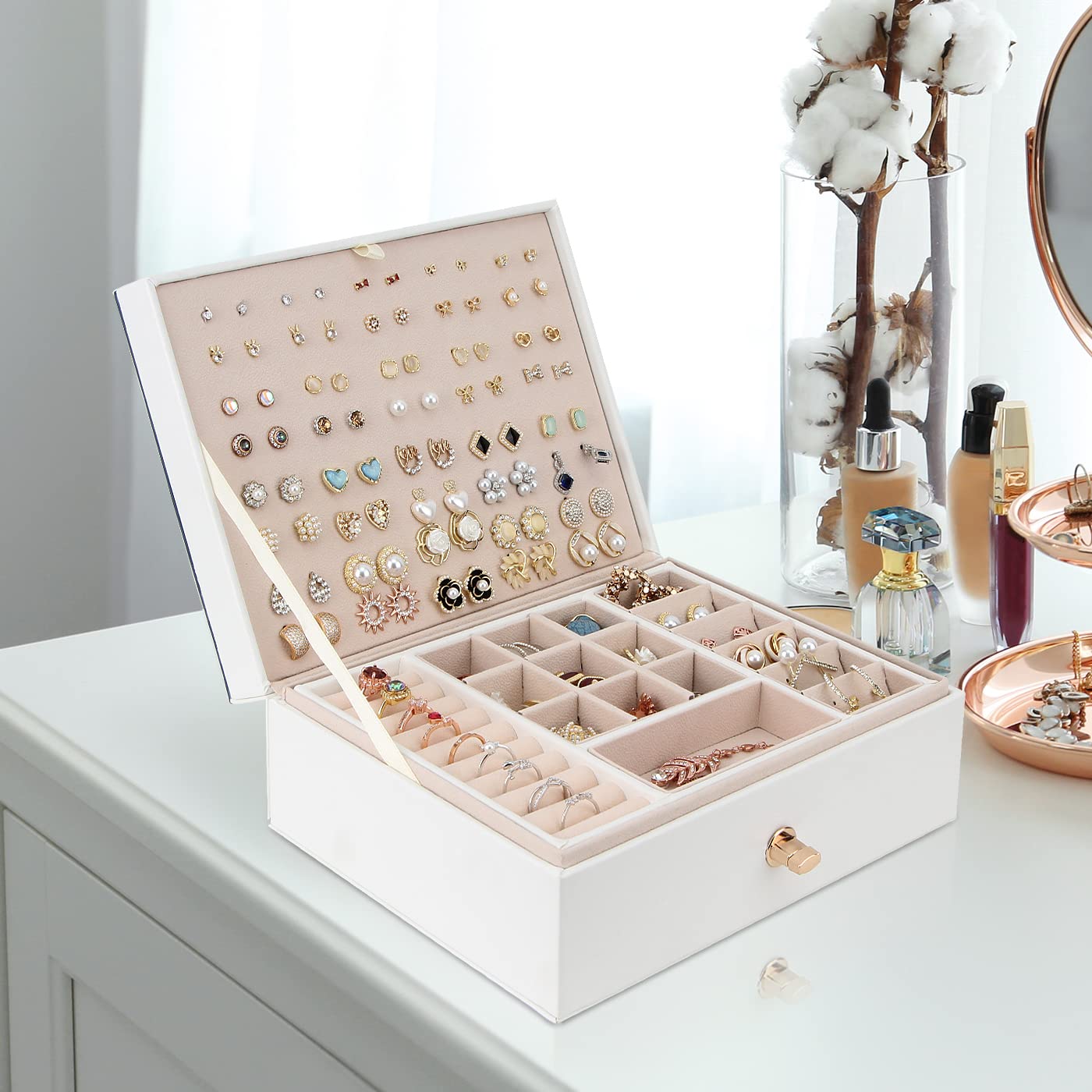 YONZONE Jewellery Box Organiser for Women Girls, 3 Layer Large Jewellery Case Storage with Removable Compartment for Necklace Earrings Rings Bracelets, PU Leather Travel Jewelry Boxes Gift, White