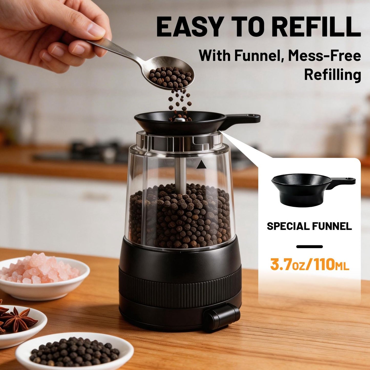 Sovtekr Electric Salt and Pepper Grinder Set, 5 External Coarseness Levels, Rechargeable with 2-in-1 Charging Base, LED Light, 110ml Large Capacity