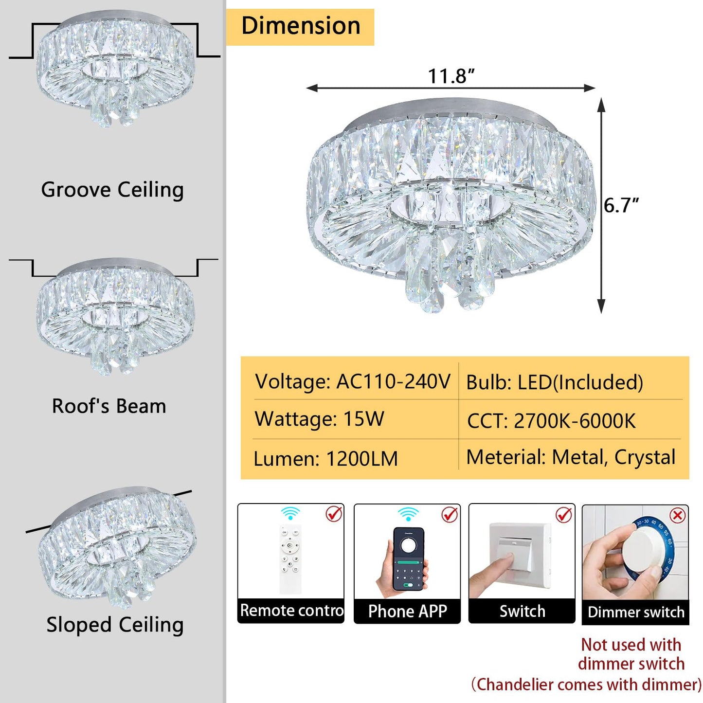 dolria Mini Chandelier Modern Crystal Chandeliers for Hallway Light Fixture LED Flush Mount Ceiling Light Dimmable Lamp for Dining Room Living Room Bedroom