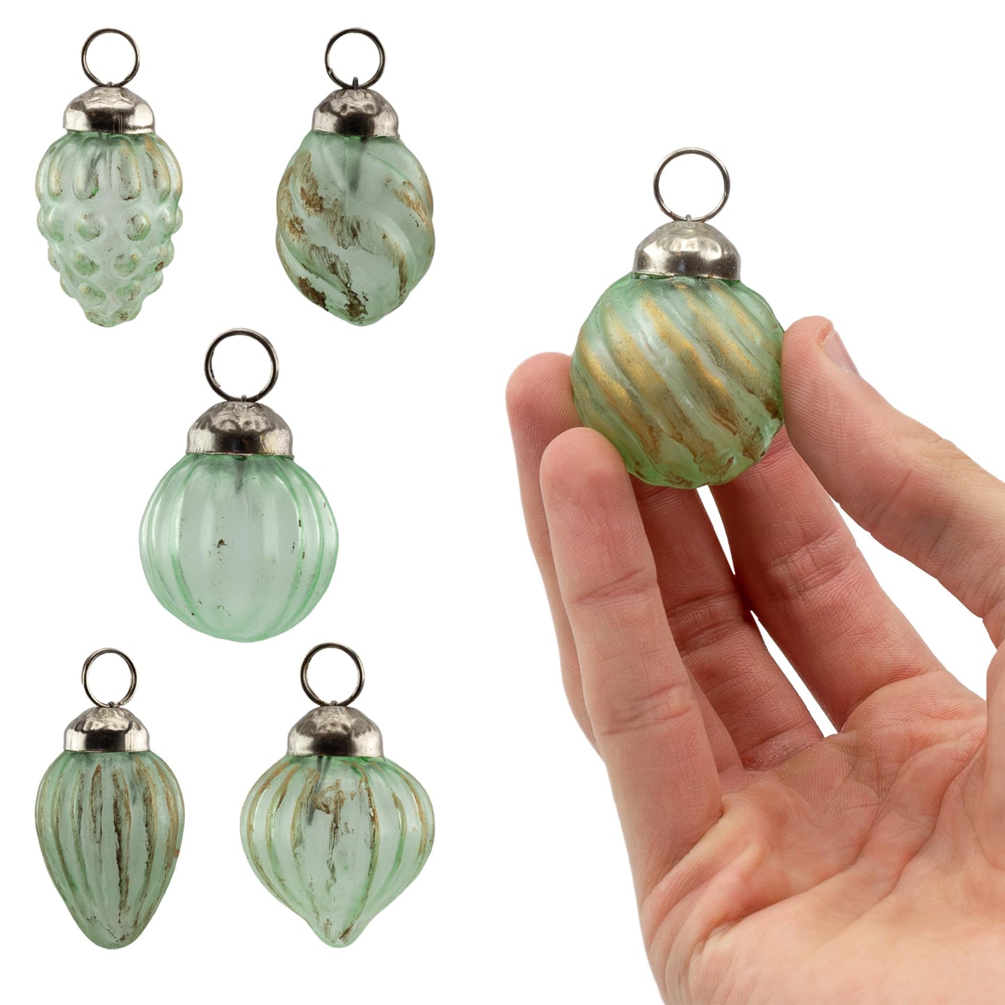 AuldHome Design Mercury Glass Finial Ornaments (Set of 12, Soda Glass, Small) Distressed Metal Antique Style Christmas Tree Decorations - 1.3 to 2-Inch Size