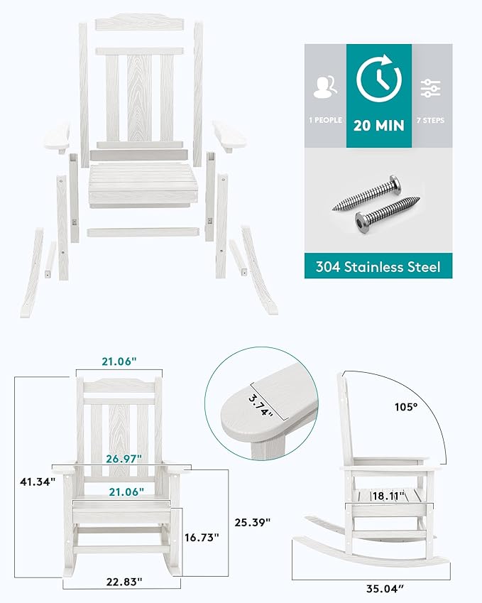 SERWALL Outdoor Rocking Chair Set of 6, Patio Rocking Chair Sets, HDPE Rocking Chair for Adults, White