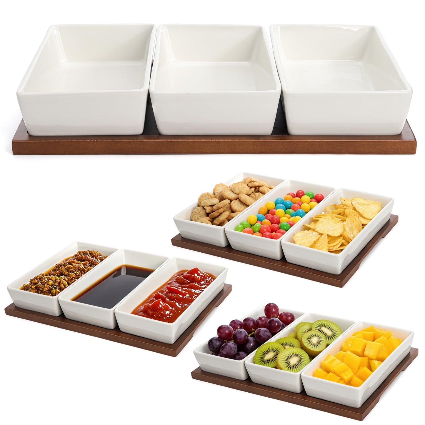 Elsjoy 3-Section Serving Tray, Wood Divided Serving Dish with Ceramic Bowls, 3-Compartment Food Platter Dipping Tray for Appetizer, Fruits, Bread