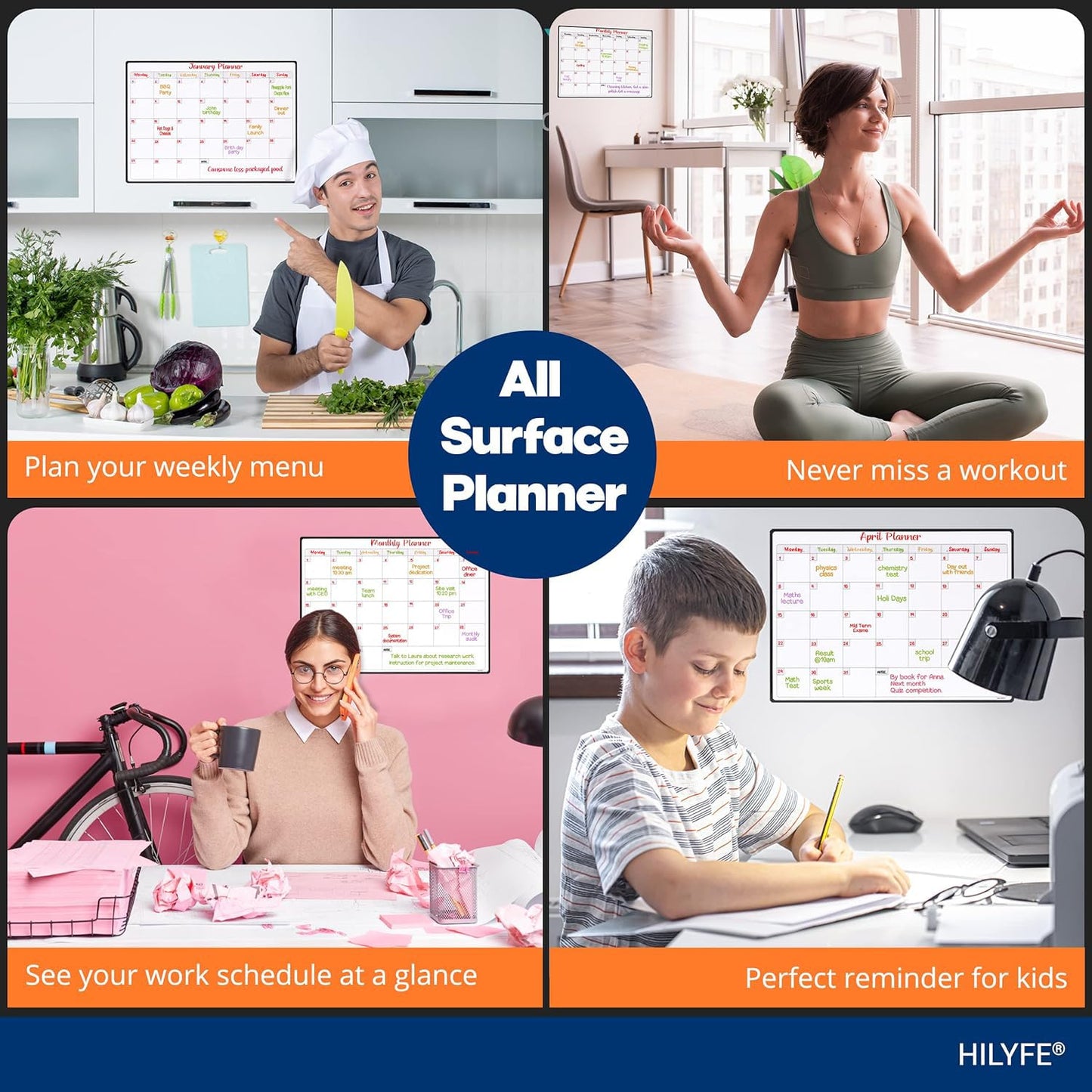 HILYFE Monthly Planner Whiteboard A3- Magnetic Fridge Calendar for Cupboard & Wall with 4 Dry Erase Markers - Meal Planning Memo Board - Task Planning and Event Reminder Notice Board