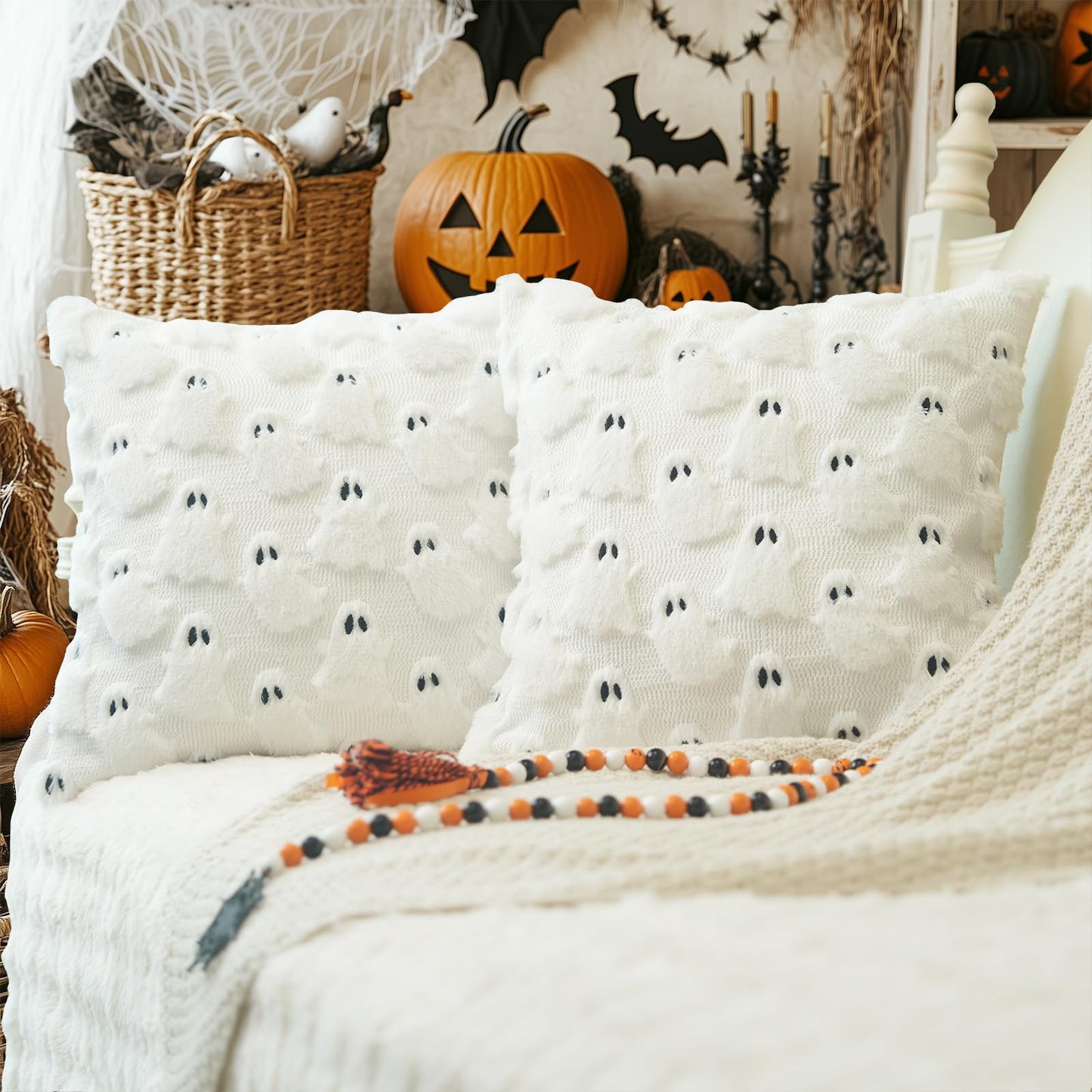 GEEORY Halloween Ghost Soft Plush Pillow Covers, 18 x 18 Inch Set of 2, Fluffy Faux Fur Wool Decorative Farmhouse Cushion Case for Sofa Home Decoration White GC026-18