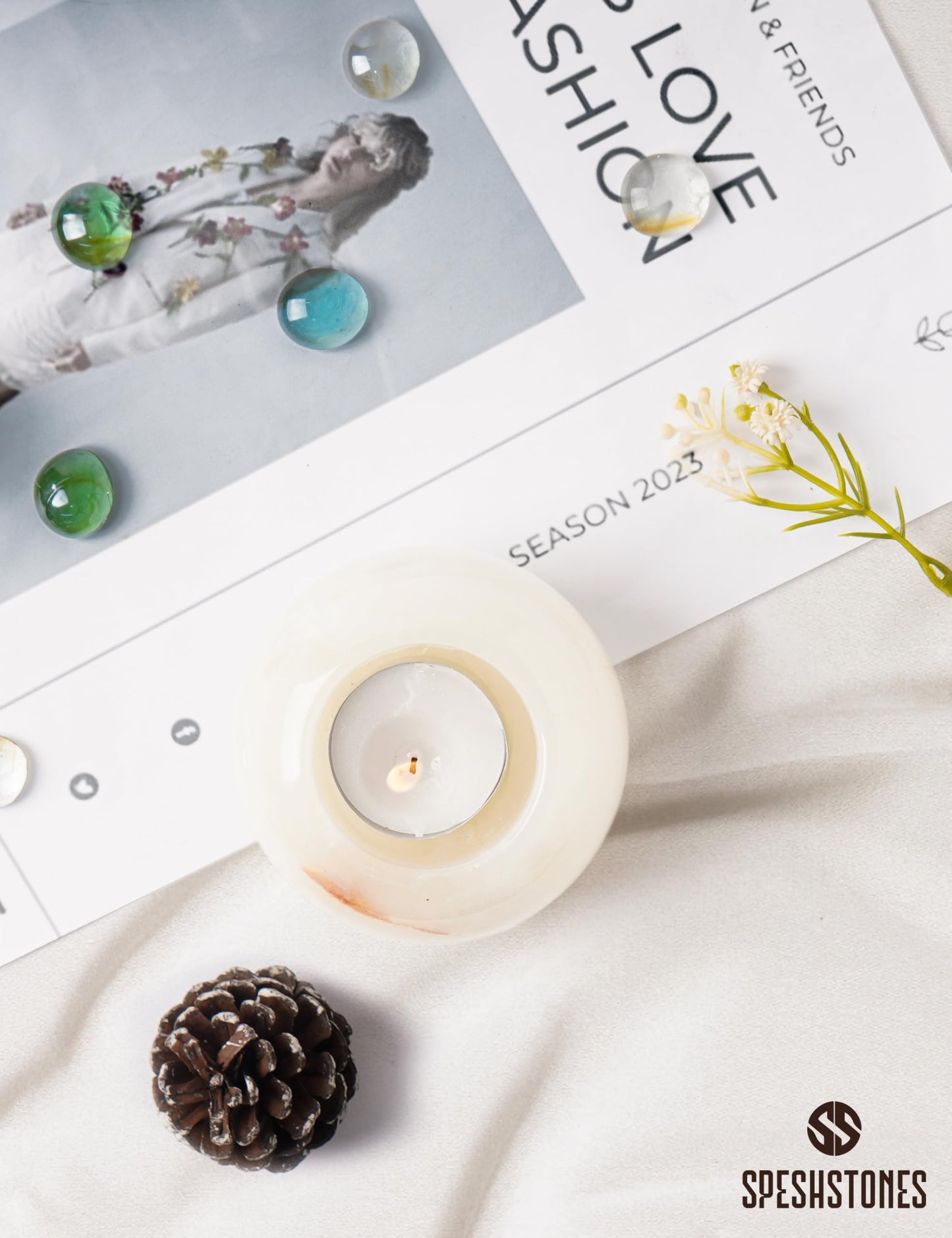 SPESHSTONES Marble Tealight Candle Holder 3.5 Inch Cream Onyx Stone Votive Candle Holders for Tables Centerpieces Decor - Small Candles Holders for Wedding Gifts