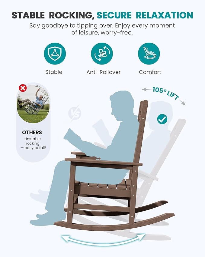 SERWALL HDPE Outdoor Rocking Chair for Adults, Heavy Duty Patio Rocking Chair, All-Weather Oversized Porch Rocker, Brown