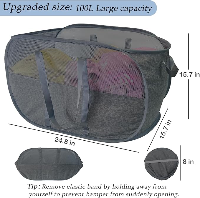 Extra Large Mesh Pop Up Laundry Hamper 2 Pack, 100L Collapsible Laundry Baskets