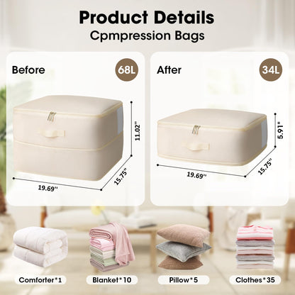 4 Pack Comforter Storage Bag, 68L Blanket Storage Bags Self Compression Comforter Organizer and Storages, Space Saving Washable Compression Bags for Blanket Bedding Pillow Duvet Quilt, Beige