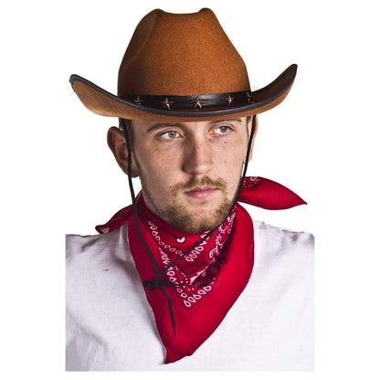 Adults Cowboy Accessory Set - Pack of 1 - Brown Star Studded Cowboy Hat and Red Paisley Bandana - Wild West Western Sheriff Fancy Dress Costume Accessory Set
