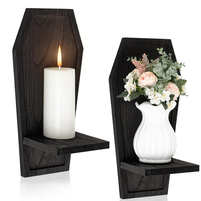LemonRoad Set of 2 Gothic Wall Sconce Candle Holder Halloween Coffin Goth Decor Wall Mount Shelf Wooden Black Decorations for Bedroom Living Room Bathroom Home Dining Room Office Spooky Gifts