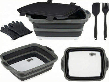 Collapsible BBQ Prep Tub with Lid & Cutting Board 8L - Meat Marinating Basin & Grill Carry System - 5pc Set with Heat Resistant Gloves, Basting Brush & Spatula(Black, Large, 8L)