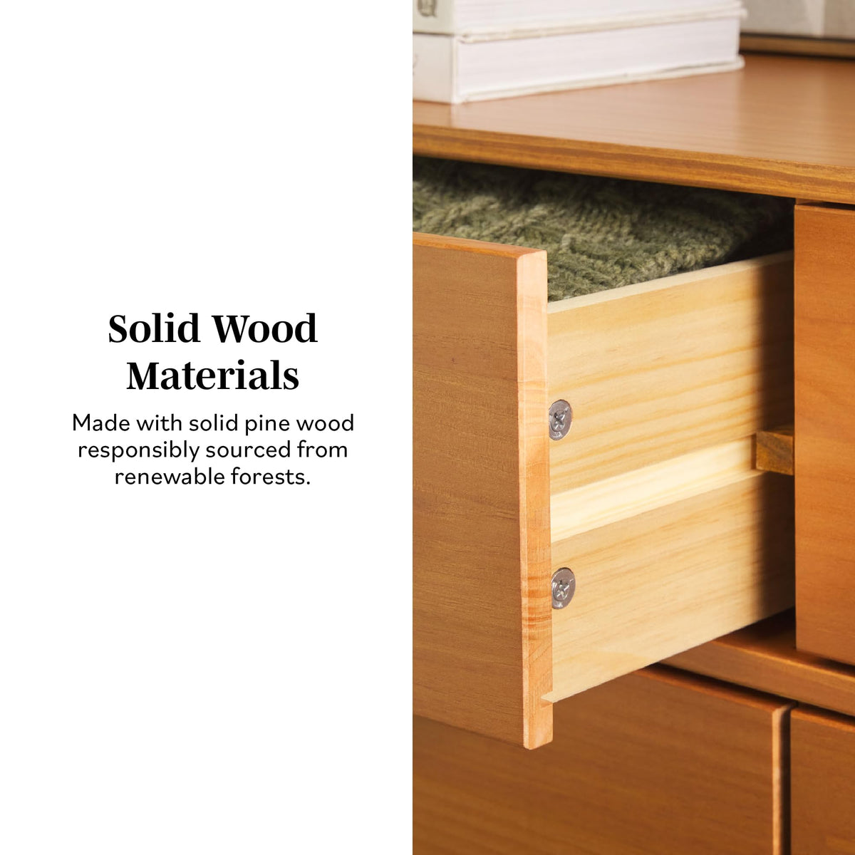 Walker Edison Sloane 6-Drawer Solid Wood Dresser with Metal Handles, 52 Inch, Caramel