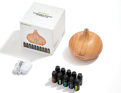 InnoGear Aromatherapy Diffuser & 10 Essential Oils Set, 400ml Diffuser Ultrasonic Diffuser Cool Mist Humidifier with 4 Timers 7 Colors Light Waterless Auto Off for Large Room Office, Dark Wood Grain