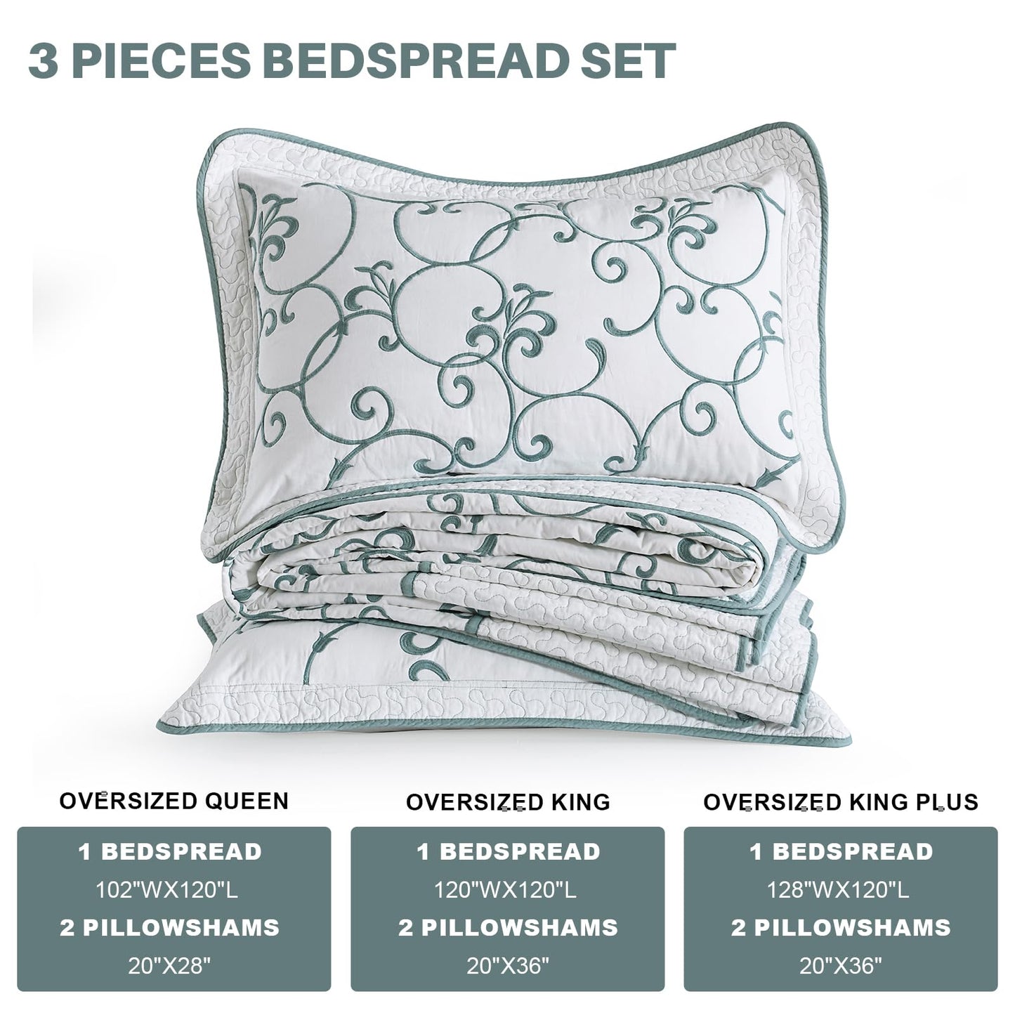 FineStichery Oversized Queen Bedspread 120"x102" - 100% Cotton Extra Large Quilt, Embroidered Bedspread Coverlet with Pillow Shams, Lightweight Quilted Bedding Set 3 Piece, Aqua Blue/White