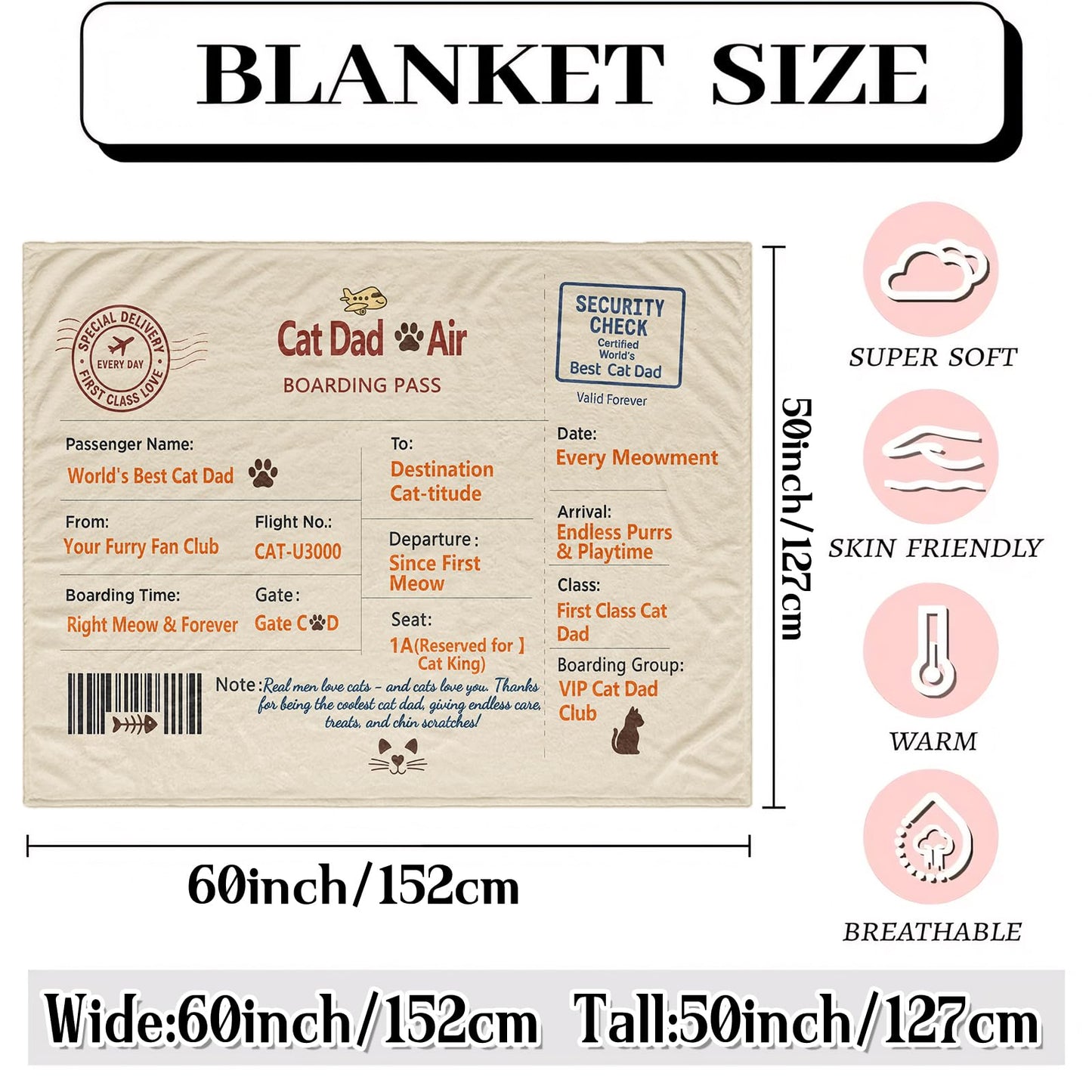 Cat Dad Gifts - Heartwarming Message Cat Throw Blanket for Feline Lovers, Funny Couch and Sofa Present, Gift for Him, Fathers Day Birthday Christmas, Cozy Lap TV Throw, 50'' x 60''