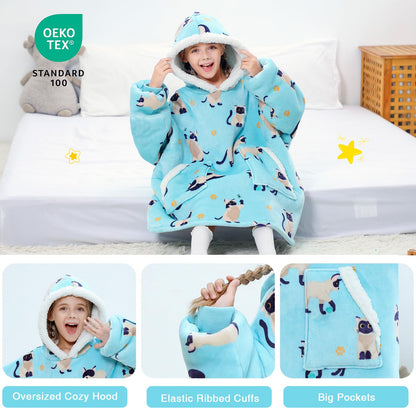 Kipswiza Siamese Cat Wearable Blanket Hoodie for Kids - Oversized Sherpa Fleece Hooded Sweatshirt, Cozy Gift for Girls Boys 6-13 (4'3"-4'11"), Cat Print, Light Blue