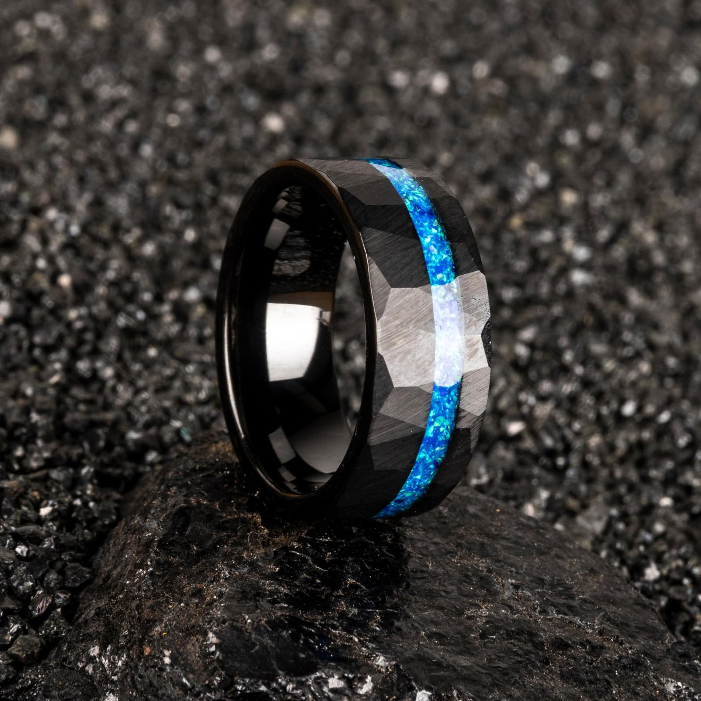 JEWPER 8mm Men Womens Wedding Band Tungsten Rings Black Blue Hammer pattern Fashion Promise Carbide Inlaid Opal Matte Finish Edge Comfort Fit Size(9)