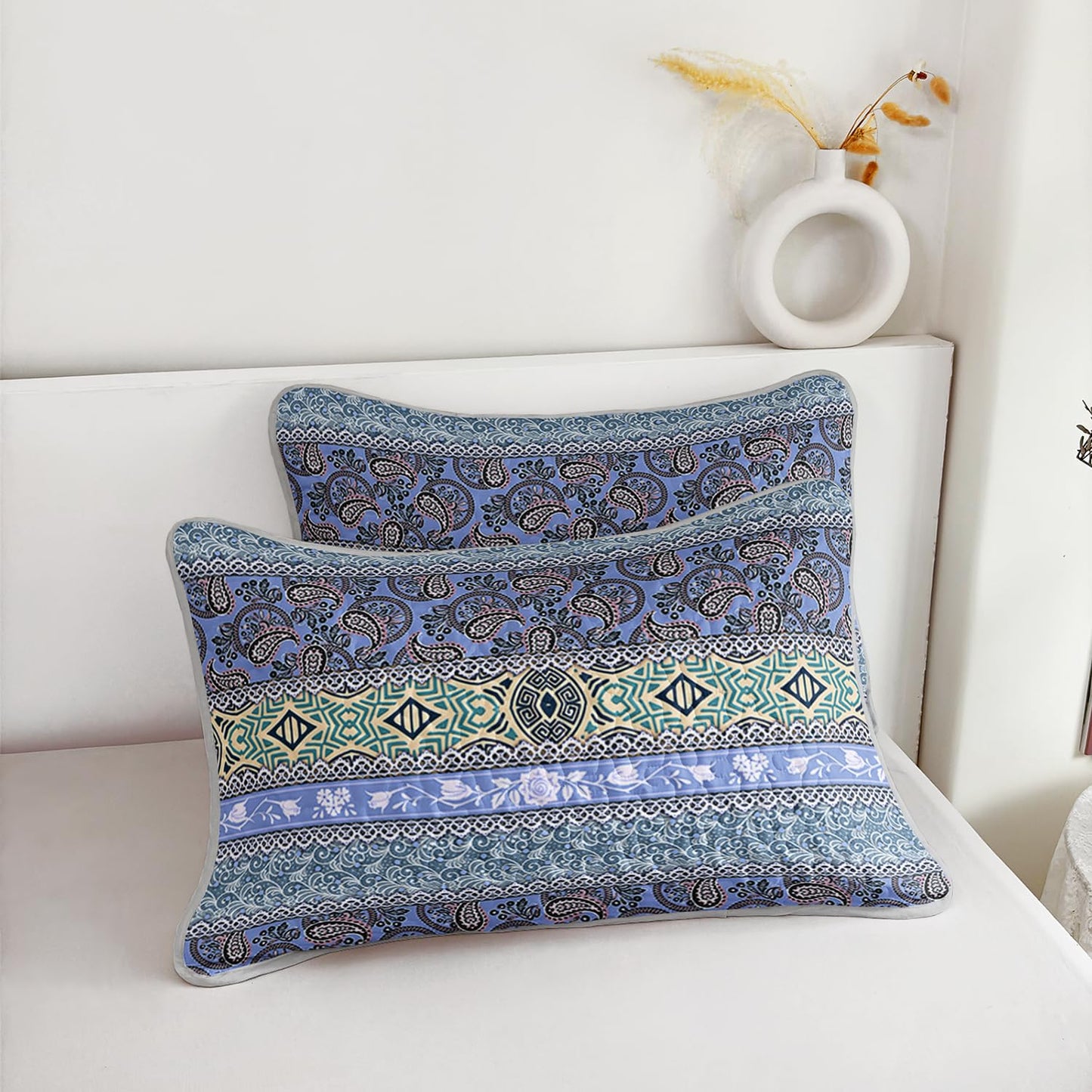 UEVBF Blue Bohemian Quilt Set Queen Size,Boho Striped Printed Bedding Bedding Set for Summer,Retro Soft Lightweight Microfiber Quilt with 2 Pillowcases.