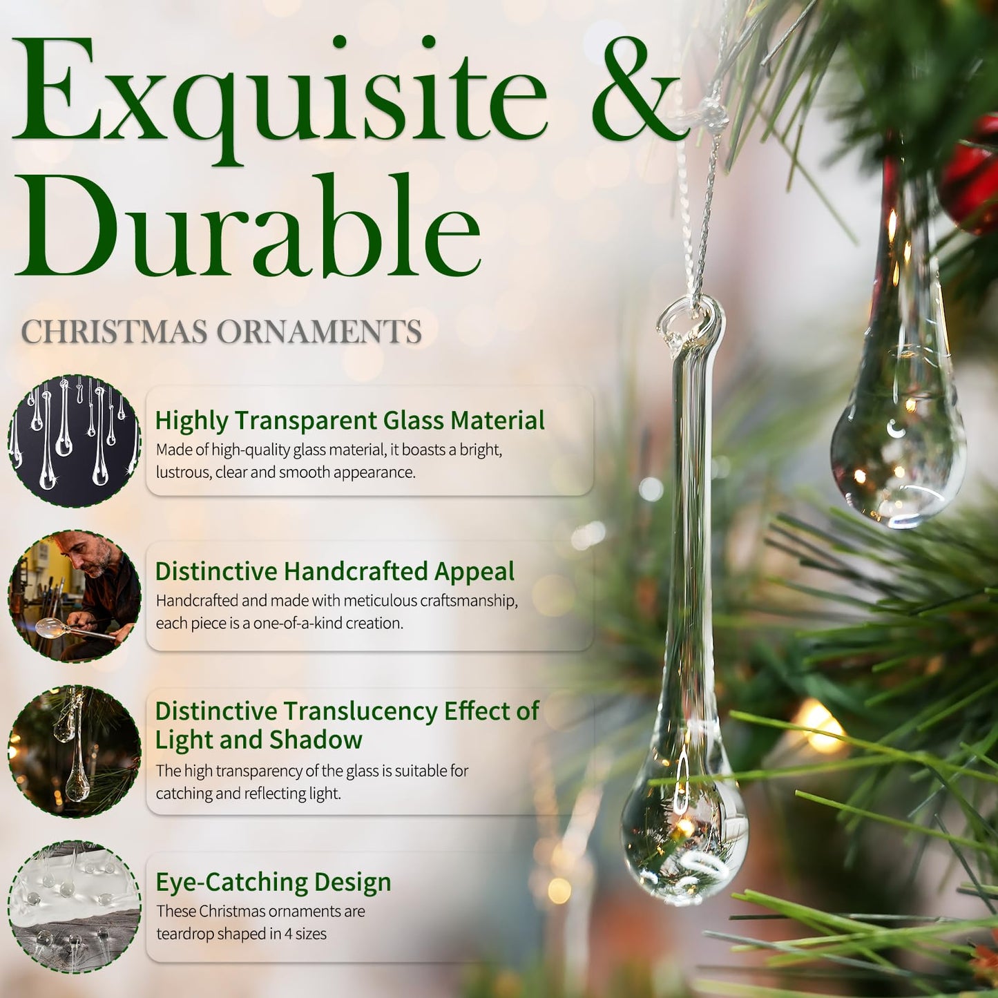OuMuaMua 64 Pcs Glass Raindrop Christmas Ornaments Crystal Teardrop Hanging Ornaments Clear Chandelier Drop Pendant Decorations for Christmas Tree Winter New Year Party Supplies Home Decor