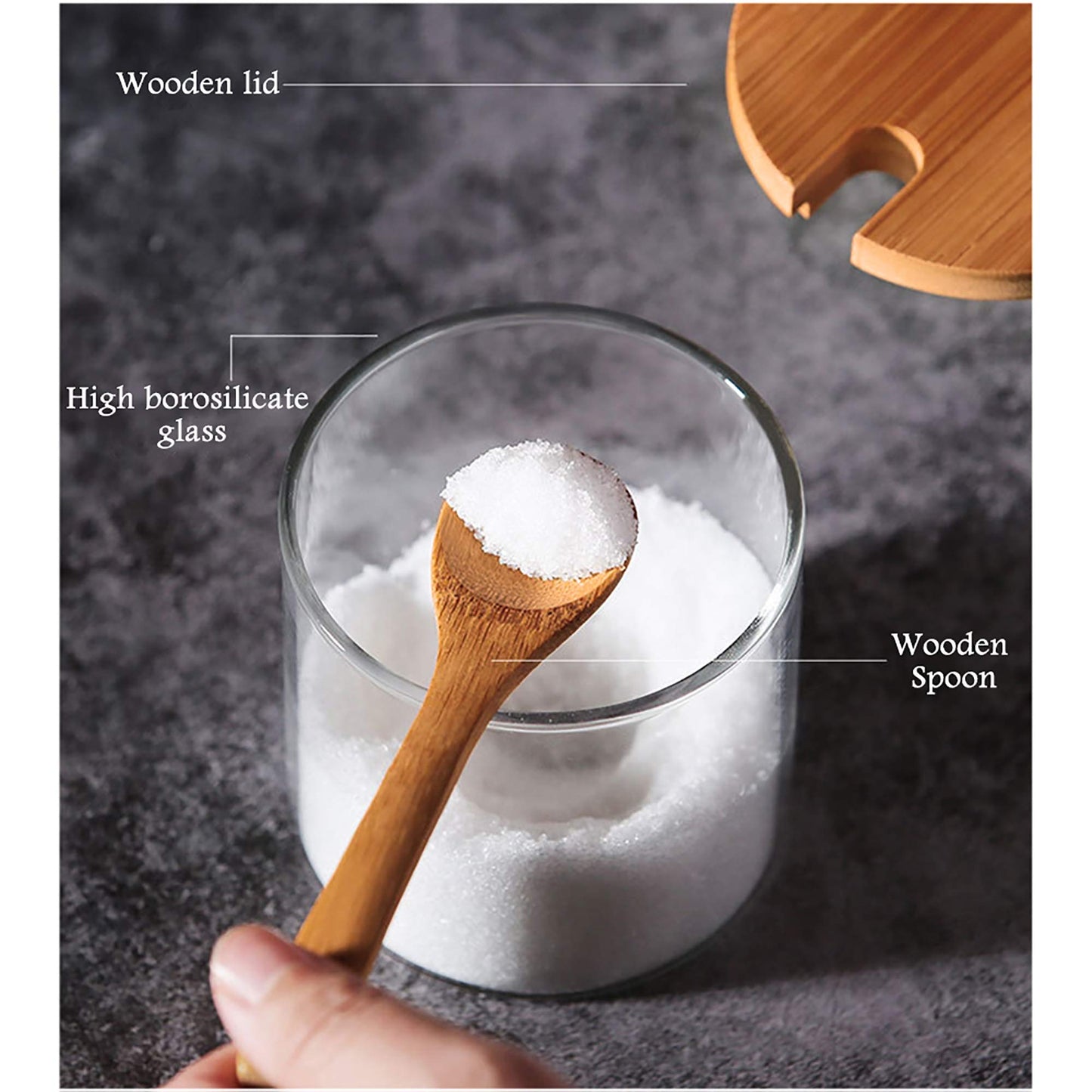 FANTESTICRYAN 2 PCS Clear Glass Condiment Canister Pots Set, Simple Stylish Decorative Storage Seasoning Container with Bamboo Lid & Spoon for Home Kitchen Café Storing Salt Sugar Spice (Round)