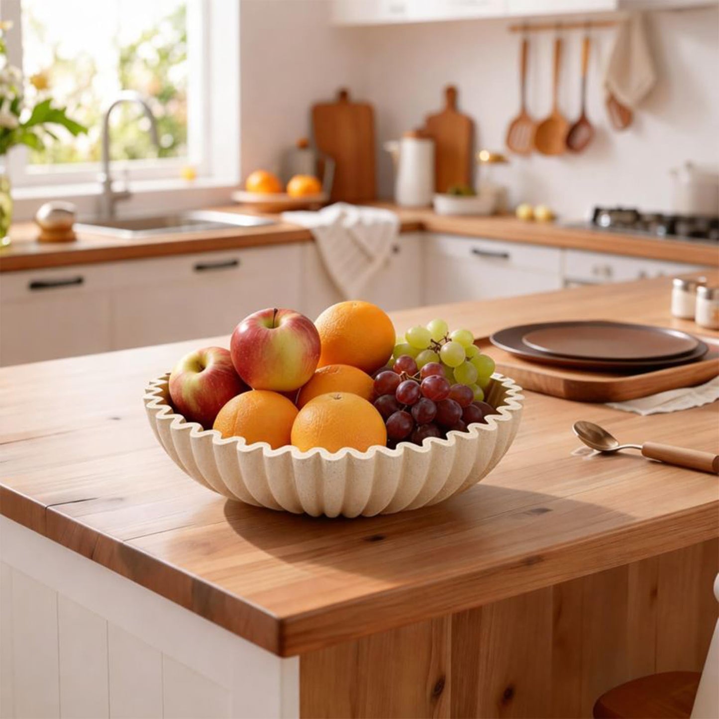 ZJSYTQS Large Modern Ruffle Bowls, Artificial Stone Decorative Catch All Bowl for Kitchen Counter and Entryway Table, Handcrafted Fruit Bowls and Key Bowl for Home Decor(Beige)