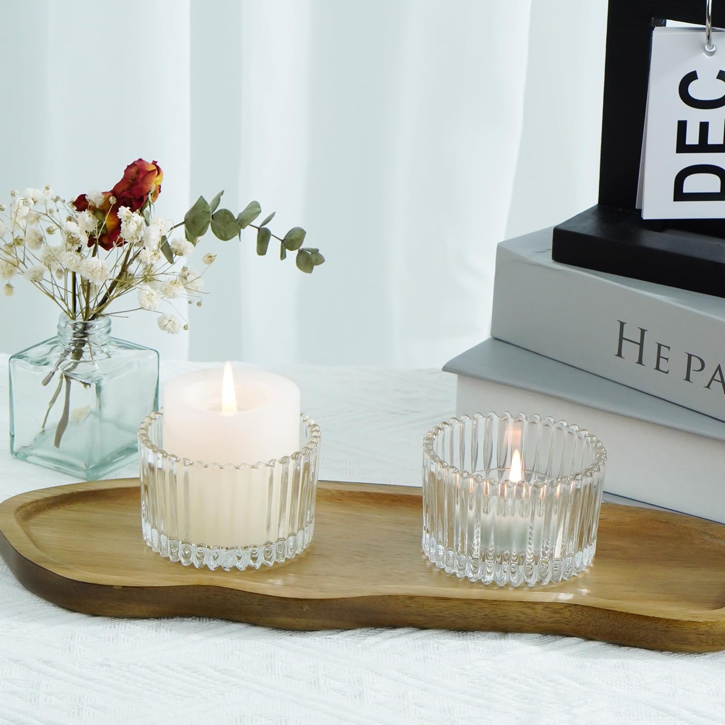 Jollyhilan 6 Pack Glass Candle Holder,Round Glass Candle Tray Ribbed Tealight Holders for Votives, Floating Candles Table Centerpieces Wedding Home Decor,Clear