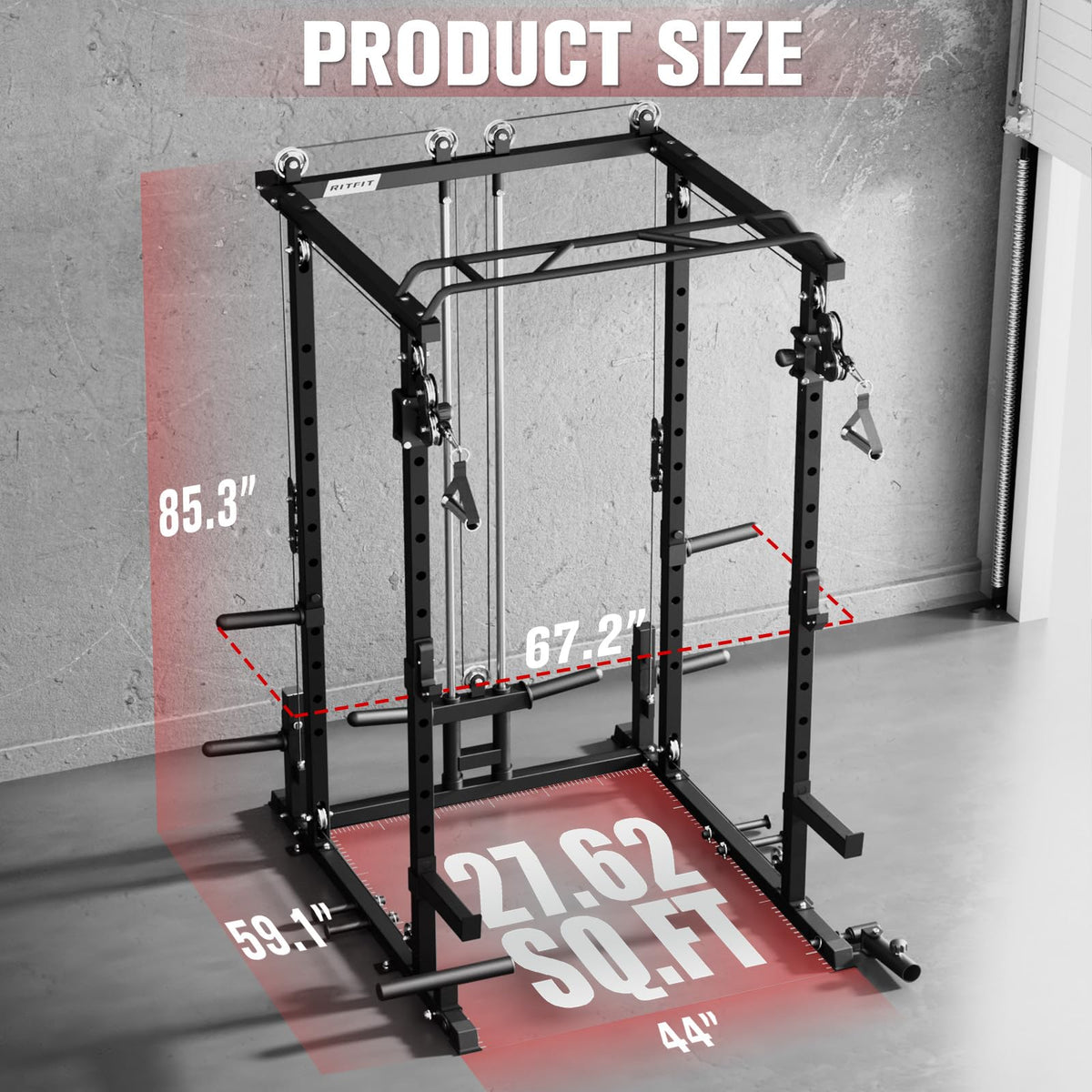 RitFit Multi-Function Power Rack Cage PPC-P3 with Adjustable Cable Crossover System,1200LBS Capacity, Full Home Gym Workout with J-Hook, Landmine and Other Attachments-Black