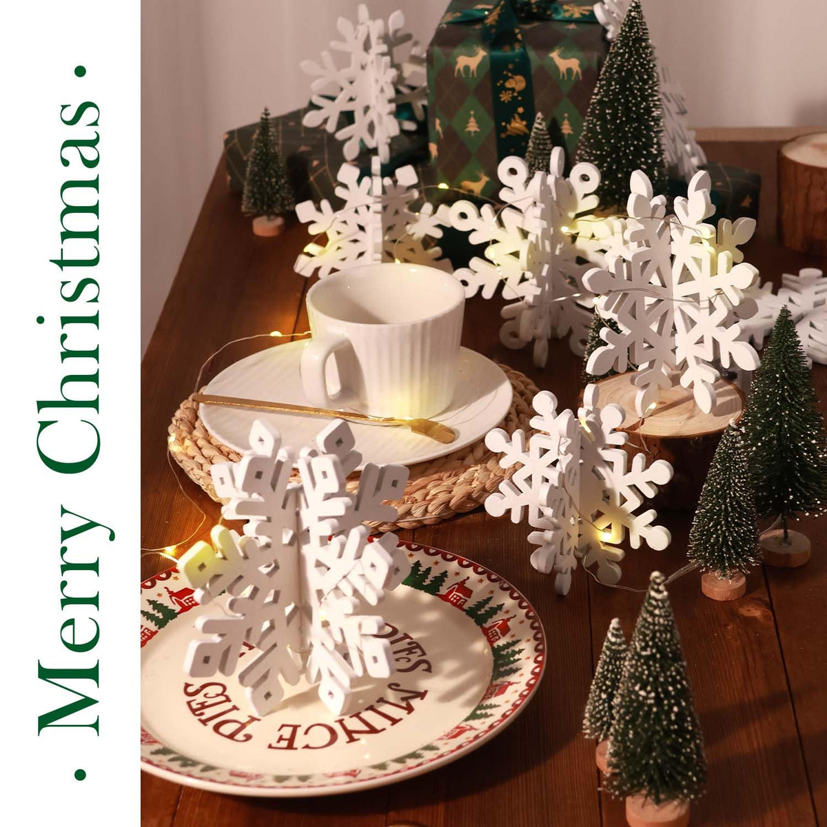 LHMTQVK 15 Pcs White Wooden Snowflakes Christmas Centerpiece Table Decorations - 7 Set 3D Snowflakes and Lights for Winter Wonderland Home Wedding Birthday Christmas Decor